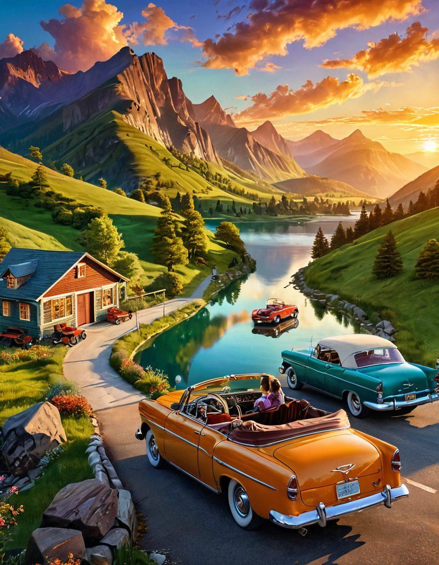 A picturesque road winding through a breathtaking landscape, with family members joyfully capturing moments with a camera, a vintage car parked nearby, and luggage on the rooftop. Vivid colors depicting sunset skies, green mountains, and scenic lakes in the background, symbolizing adventure and togetherness. super-realistic. vibrant colors. 3D.