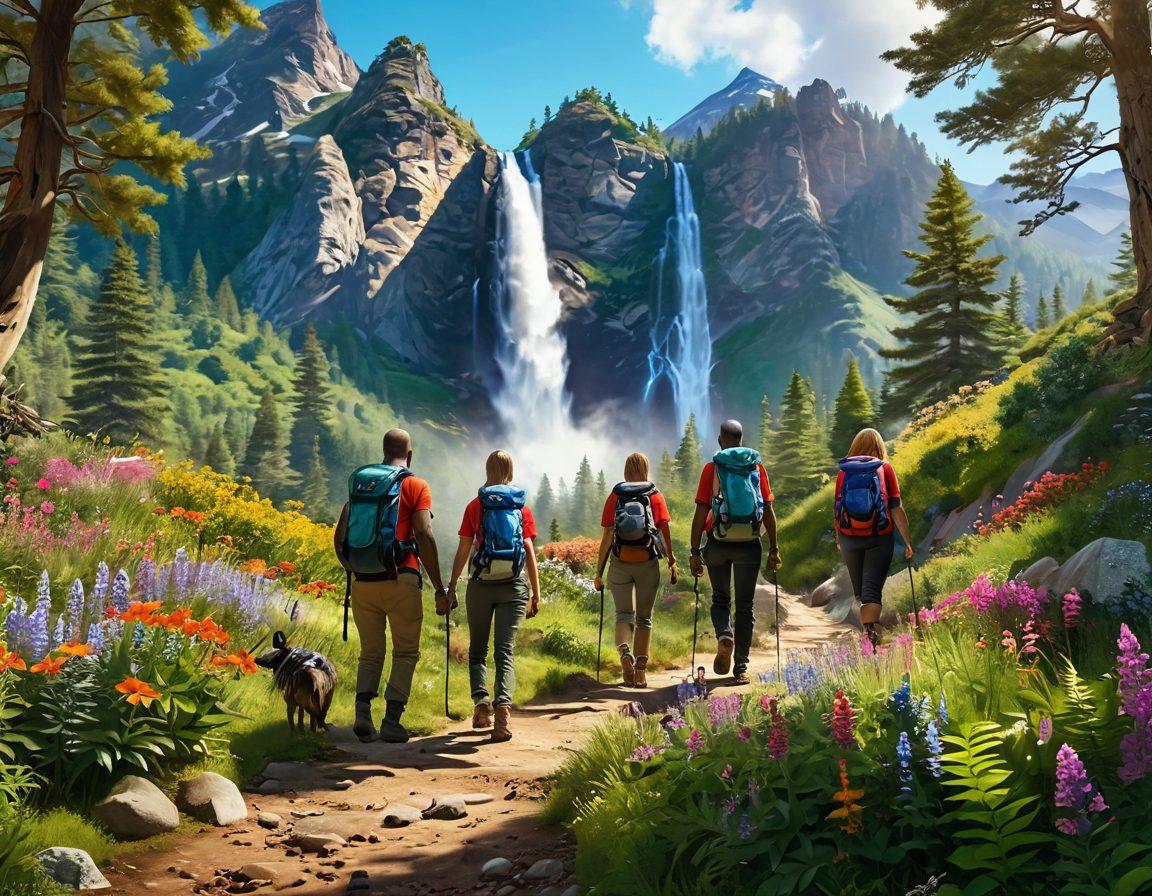 A picturesque scene of diverse people hiking through a lush forest, dressed in stylish yet comfortable outdoor gear. Include a vibrant waterfall in the background, colorful wildflowers along the path, and a scenic mountain view. Emphasize a sense of camaraderie and adventure, capturing the joy of exploring nature together. super-realistic. vibrant colors. 3D.