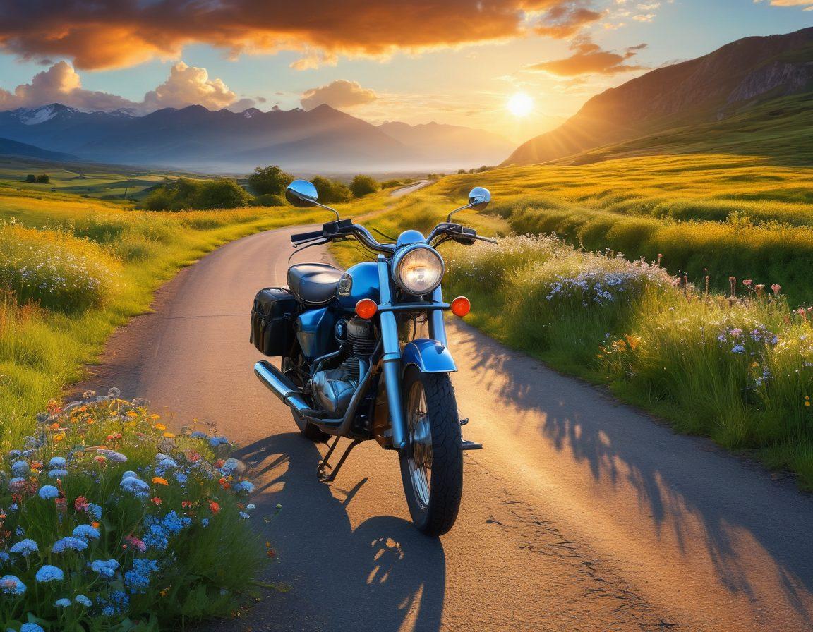 A scenic view of an open road stretching through a lush green landscape with mountains in the background. A vintage motorcycle parked by the roadside, suggesting freedom and adventure. The sky is a vibrant blue with fluffy clouds, and the sun is setting, casting a warm golden glow. Small wildflowers scatter along the roadside, symbolizing the beauty of nature. A sense of exploration and limitless possibilities is conveyed. super-realistic. vibrant colors. sunset ambiance.